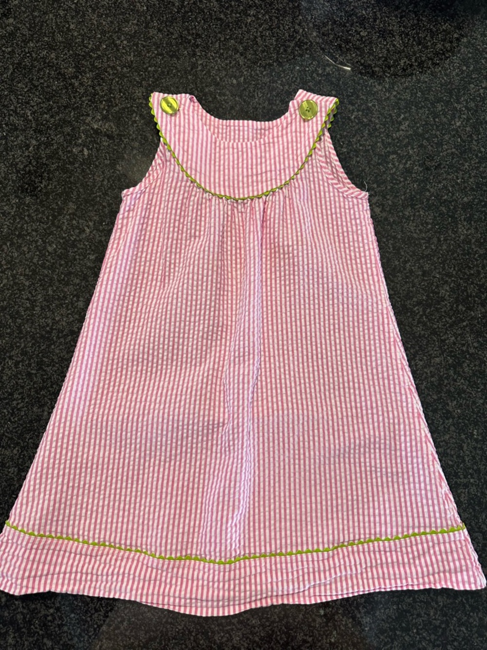 Pink Seersucker Girls' Sleeveless Dress with Green Trim - Size 5 - JK Clothing